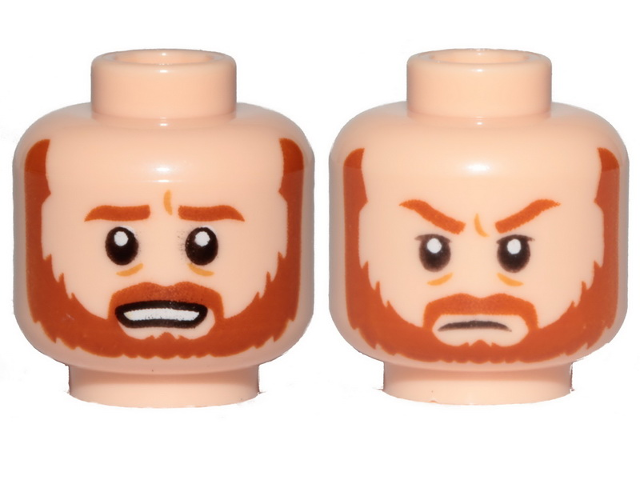 Minifigure, Head Dual Sided Dark Orange Beard and Eyebrows, Bared Teeth / Frown Pattern (SW Obi-Wan)