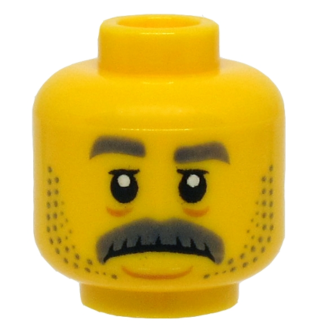 Minifigure, Head Gray Eyebrows, Moustache, Stubble, Sad Face Pattern