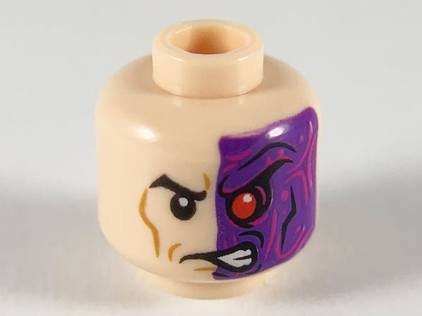Minifigure, Head Dark Purple Left Side with Red Eye and Magenta Swirls Pattern