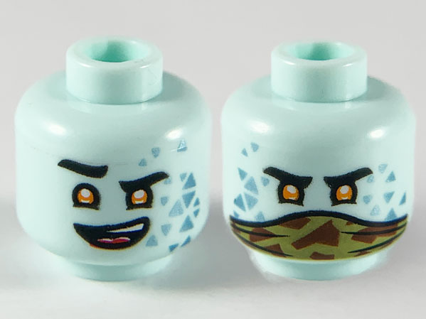 Minifigure, Head Dual Sided Alien with Black Eyebrows, Lower Eyelids, Orange Eyes, Metallic Light Blue Triangles, Lopsided Open Mouth Smile with Top Teeth and Red Tongue / Olive Green and Reddish Brown Camouflage Bandana Pattern