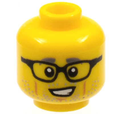 Minifigure, Head Gray Eyebrows and Stubble, Medium Nougat Cheek Lines and Chin Dimple, Black Glasses Pattern