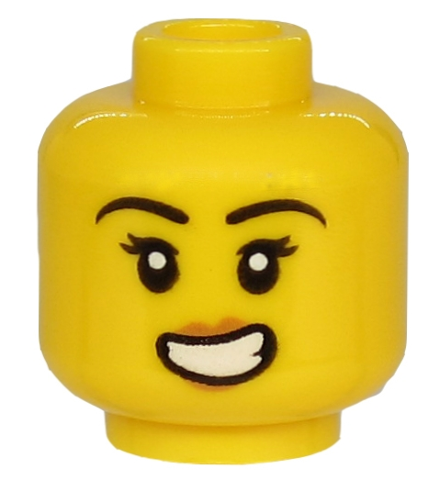 Minifigure, Head Female Black Eyebrows, Double Eyelashes, Medium Nougat Lips, Lopsided Open Mouth Smile with Teeth Pattern