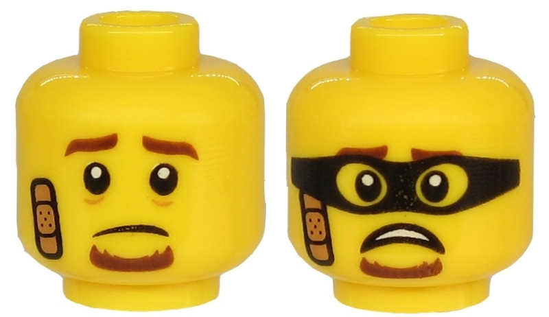 Minifigure, Head Dual Sided Brown Eyebrows and Goatee, Bandage,  Sad / Scared Face with Black Mask Pattern
