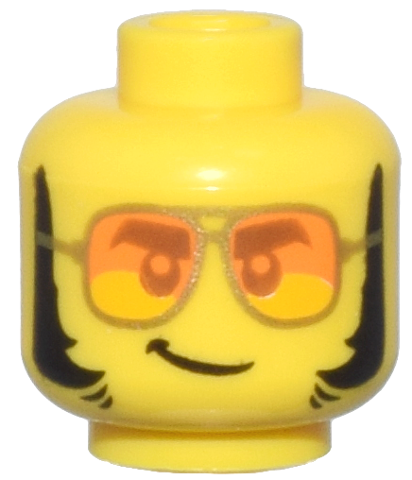 Minifigure, Head Dark Orange Eyebrows and Eyes, Gold Sunglasses with Orange Lenses, Black Thick Sideburns, Lopsided Grin Pattern