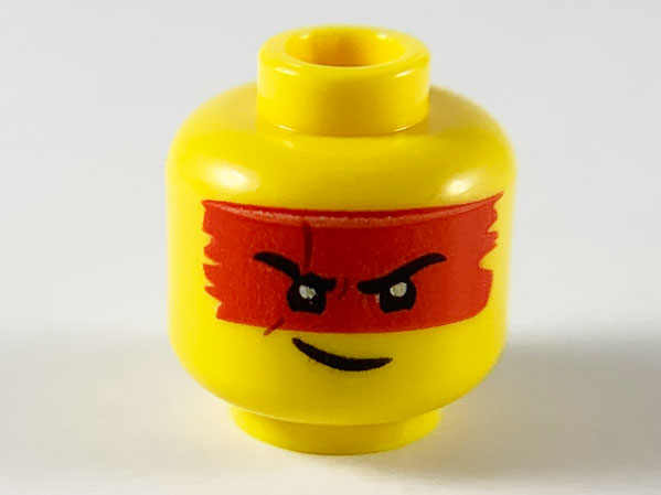 Minifigure, Head Red Headband/Mask, Black Eyebrows with Scar on Right, Lopsided Grin Pattern