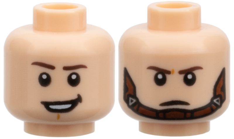 Minifigure, Head Dual Sided Dark Brown Eyebrows, Chin Dimple, Lopsided Open Mouth Smile with Teeth / Frown with Reddish Brown Chin Strap Pattern