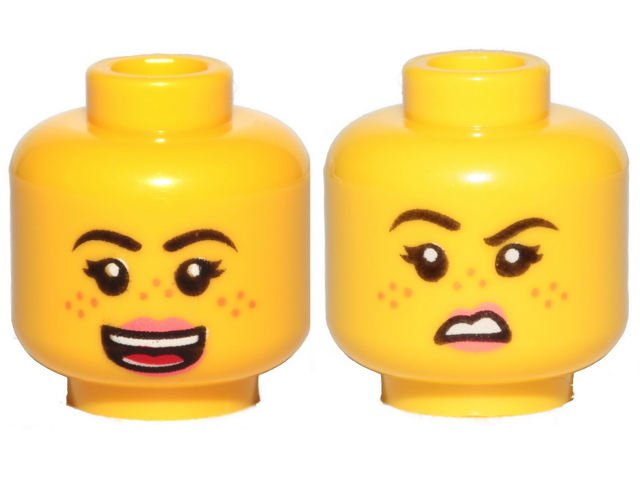 Minifigure, Head Dual Sided Female Black Eyebrows, Medium Nougat Freckles, Dark Pink Lips, Open Mouth Smile / Disgusted Pattern