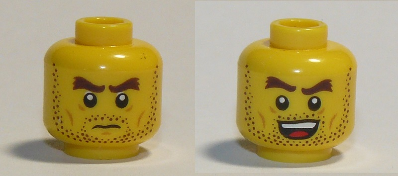 Minifigure, Head Dual Sided Dark Brown Beard Stubble, Dark Brown Thick Eyebrows, Grumpy / Open Mouth Smile Pattern