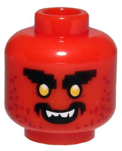 Minifigure, Head Alien with Black Bushy Eyebrows, Yellow Eyes, Dark Red Stubble, Open Mouth Smile with White Teeth Pattern
