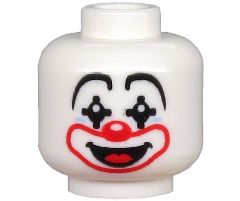 Minifigure, Head Clown Large Drawn Eyebrows, Black Pointed Eyes, Red Nose and Mouth, Smile with Tongue Pattern