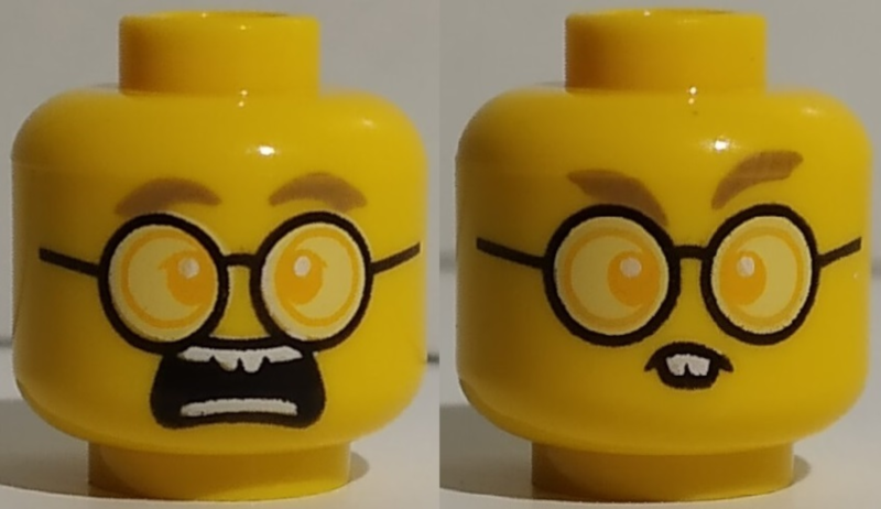 Minifigure, Head Dual Sided Dark Tan Eyebrows, Bright Light Orange Eyes, Round Glasses, Scared / Rodent Teeth Pattern