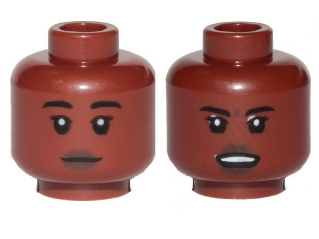 Minifigure, Head Dual Sided Female, Dark Brown Lips, Black Eyebrows, Neutral / Angry Pattern