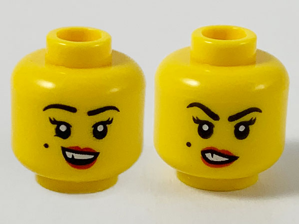 Minifigure, Head Dual Sided Female, Black Eyebrows and Beauty Mark on Right Cheek, Red Lips and Chipped Tooth, Smile / Sneer Pattern