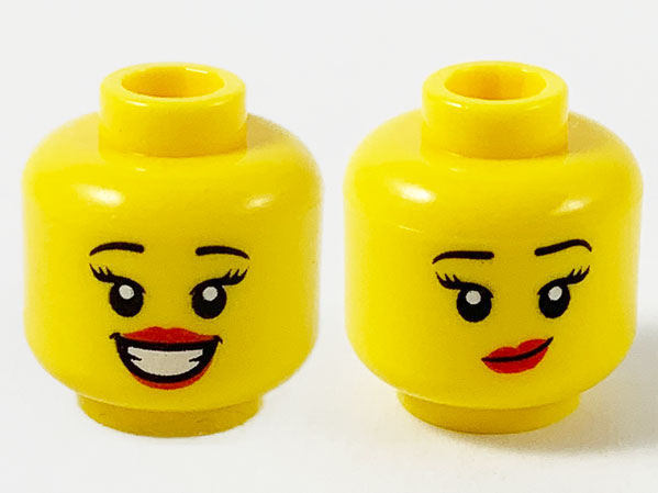 Minifigure, Head Dual Sided Female, Black Eyebrows, Red Lips, Large Smile Showing Teeth / Small Lopsided Grin Pattern