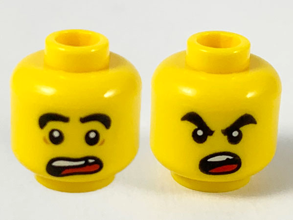 Minifigure, Head Dual Sided Black Thick Eyebrows, Chipped Tooth, Scared / Angry Pattern