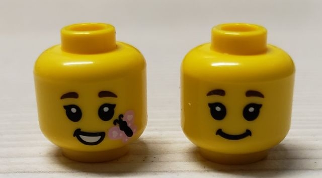 Minifigure, Head Dual Sided Child, Black Eyebrows, Grin / Open Mouth Smile with Butterfly Pattern (BAM)