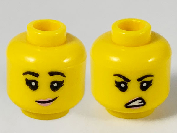 Minifigure, Head Dual Sided Female, Black Eyebrows, Bright Pink Lips, Lopsided Grin / Sneer Pattern