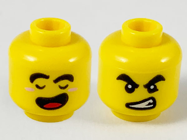 Minifigure, Head Dual Sided Black Thick Eyebrows, Closed Eyes and Open Mouth with Red Tongue / Angry with Bared Teeth Pattern