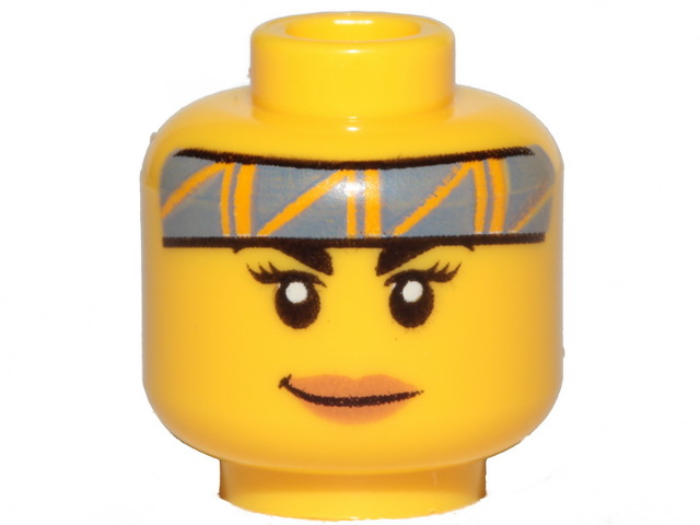 Minifigure, Head Female Black Eyebrows, Medium Nougat Lips, Sand Blue Headband with Bright Light Orange Stripes, Smile Pattern