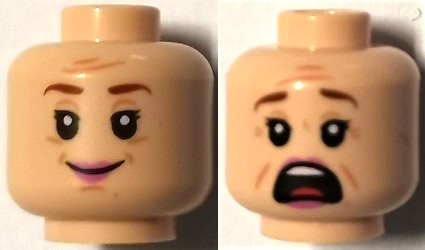 Minifigure, Head Dual Sided Female Reddish Brown Eyebrows, Black Double Eyelashes, Medium Nougat Dimples, Chin Dimple, Forehead Creases and Wrinkles, Dark Pink Lips, Grin / Scared Open Mouth with Top Teeth and Red Tongue Pattern
