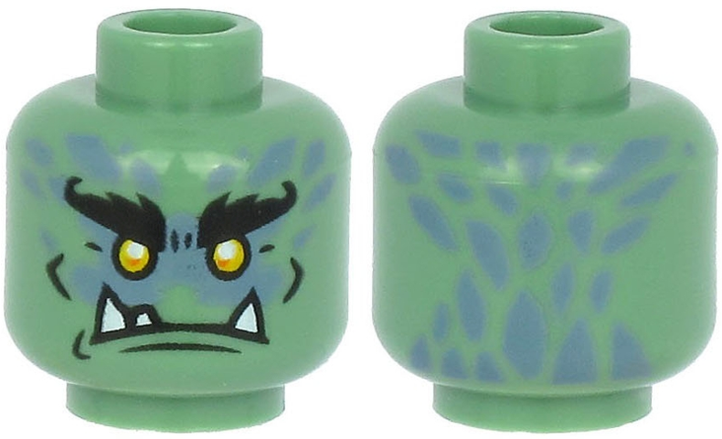 Minifigure, Head Alien with Black Bushy Eyebrows, Yellow Eyes, White Lower Fangs, and Sand Blue Scales Pattern
