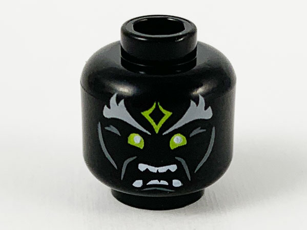 Minifigure, Head Alien Light Bluish Gray Bushy Eyebrows, Yellowish Green Forehead Tattoo and Eyes, Open Mouth Showing Teeth Pattern