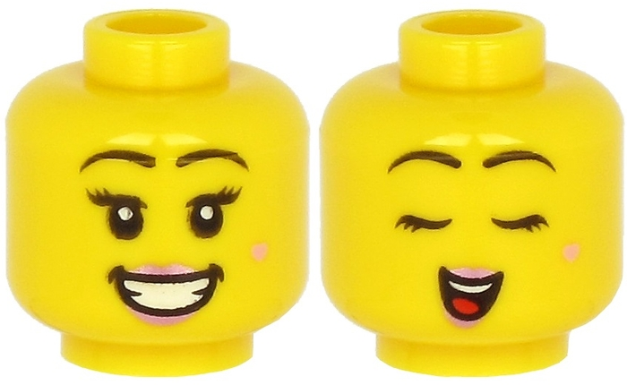 Minifigure, Head Dual Sided Female Black Eyebrows, Metallic Pink Lips, Beauty Mark, Open Mouth Smile with Teeth / Closed Eyes Singing Pattern