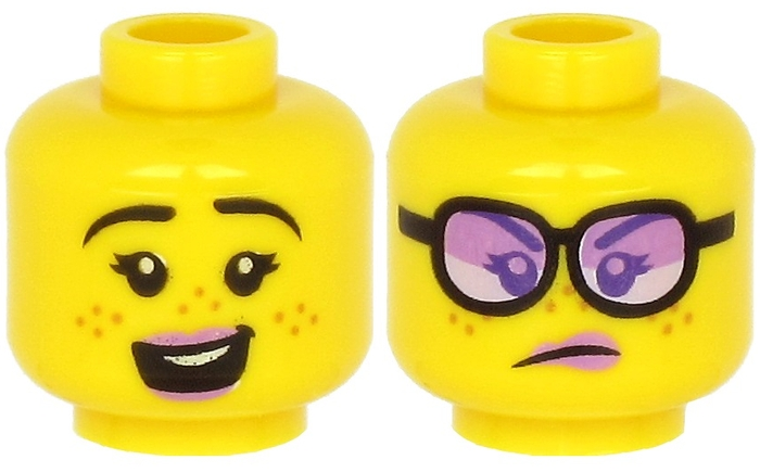 Minifigure, Head Dual Sided Female Lavender Lips, Black Eyebrows, Freckles, Open Mouth with Teeth, Smile / Angry with Glasses Pattern