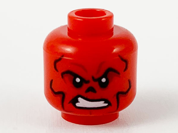 Minifigure, Head Alien with Black and Dark Red Contour Lines, Nose Hole / Nasal Cavity, and Scowl with White Teeth Pattern