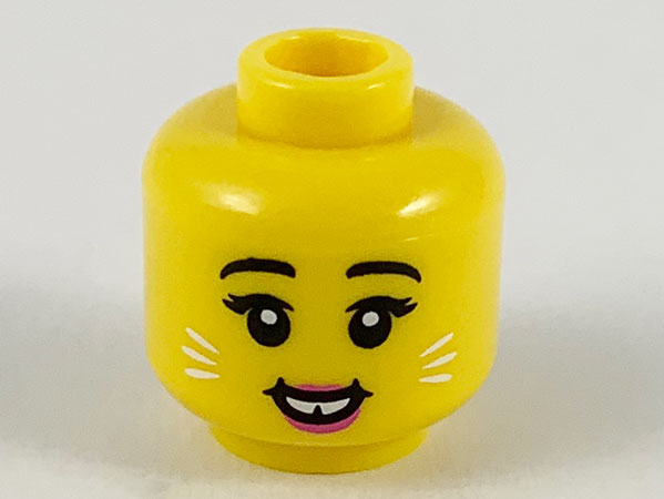 Minifigure, Head Female Black Eyebrows, Eyelashes, White Whiskers, Dark Pink Lips, Open Mouth Smile with Gap in Teeth Pattern