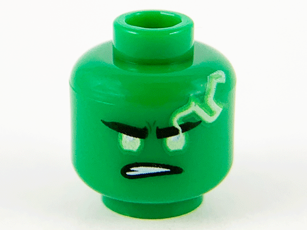 Minifigure, Head Yellowish Green Eyes and Spinjitzu Burst Electricity with Lopsided Frown Pattern (Lloyd)