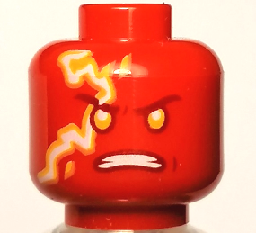 Minifigure, Head Alien with Bright Light Orange Eyes, Dark Red Eyebrows, White Bared Teeth, and Electricity Pattern