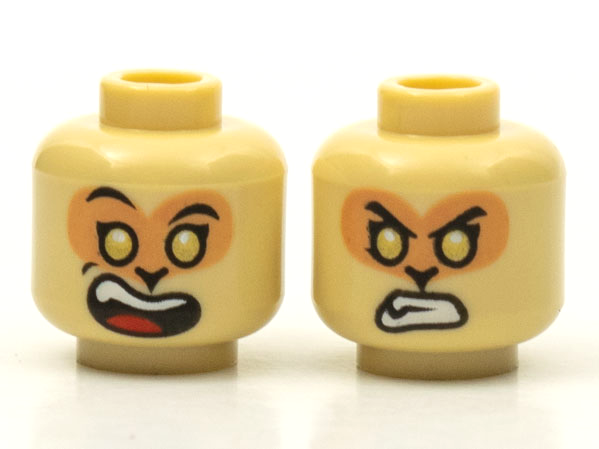 Minifigure, Head Dual Sided Alien Black Eyebrows, Nougat Face, Gold Eyes, Wide Open Mouth Smile with Top Teeth and Red Tongue / Angry Bared Teeth Pattern
