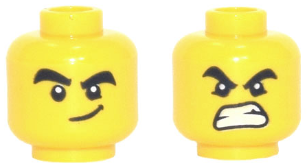 Minifigure, Head Dual Sided Black Thick Eyebrows and Eyes with White Pupils with Smirk / Angry with Bared Teeth Pattern