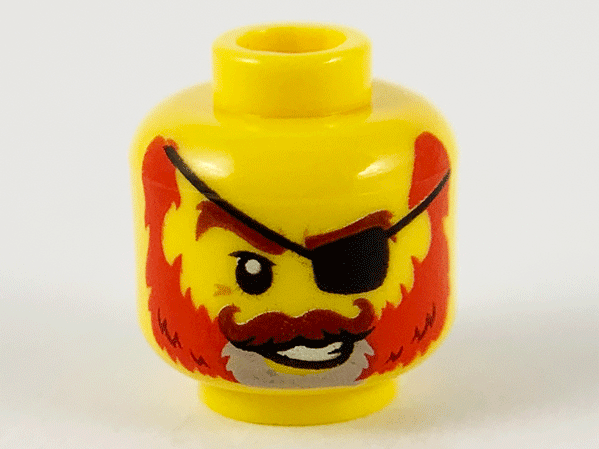 Minifigure, Head Reddish Brown Eyebrows and Moustache, Black Eye Patch, Gray Goatee, Smile with White Teeth, and Red Beard Pattern