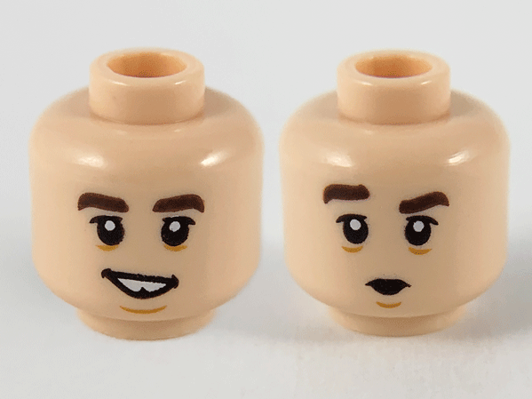 Minifigure, Head Dual Sided Dark Brown Eyebrows, Smile with Tooth Gap / Pucker Pattern