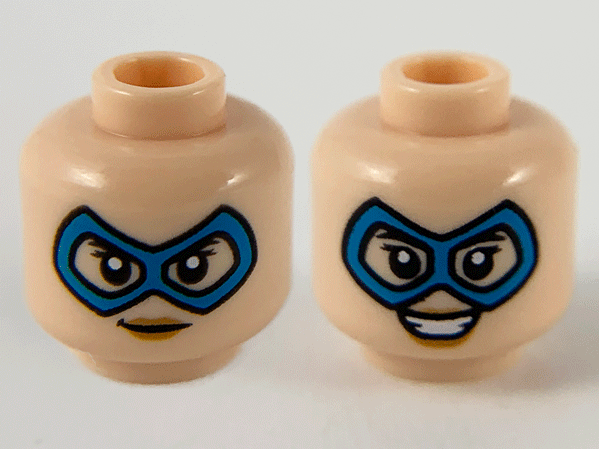 Minifigure, Head Dual Sided Female, Dark Azure Domino Mask, Medium Nougat Lips, Neutral / Smile Pattern