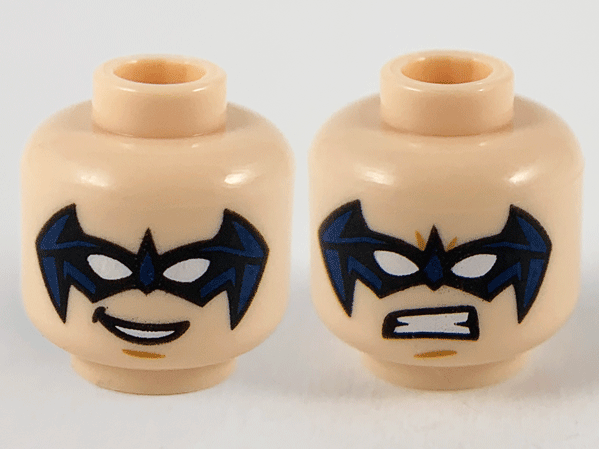 Minifigure, Head Dual Sided Black and Dark Blue Domino Mask, White Eye Slits, Smile / Fierce Pattern
