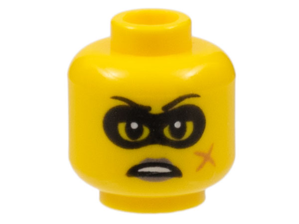 Minifigure, Head Female Black Eye Mask and Eyebrows, Scar and Black Lips Grimace Pattern