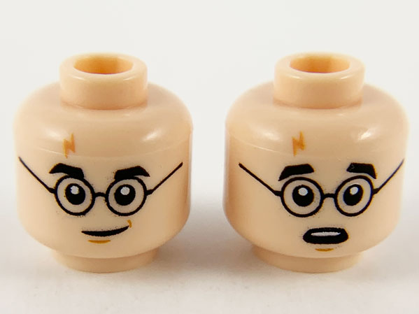 Minifigure, Head Dual Sided Medium Nougat Lightning Scar, Black Eyebrows and Glasses, Grin / Surprised Pattern