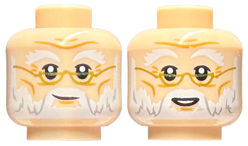 Minifigure, Head Dual Sided White Bushy Eyebrows and Beard, Gold Glasses, Grin / Smile with Teeth Pattern