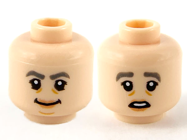 Minifigure, Head Dual Sided Female, Dark Bluish Gray Eyebrows, Peach Lips, Grin / Scared Pattern
