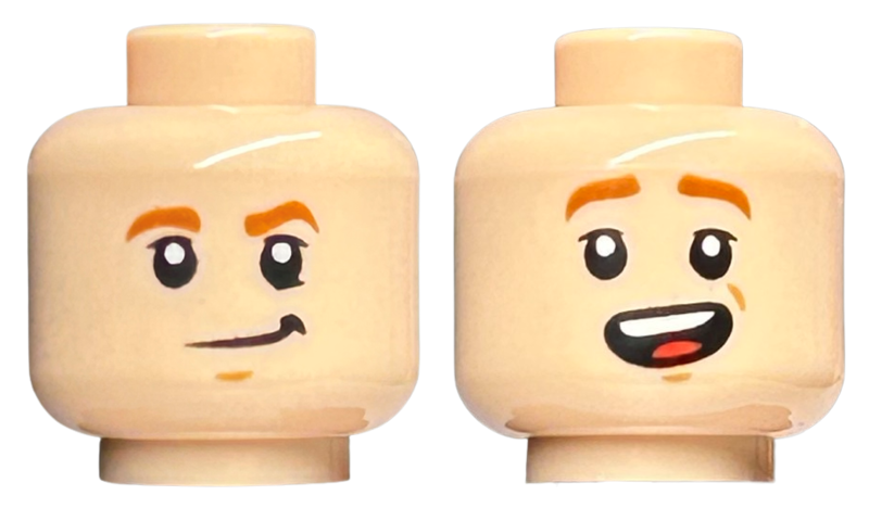 Minifigure, Head Dual Sided Child Dark Orange Eyebrows, Lopsided Grin / Open Mouth Smile with Top Teeth and Tongue Pattern