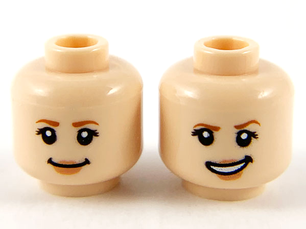 Minifigure, Head Dual Sided Female, Dark Orange Eyebrows, Peach Lips, Grin / Lopsided Smile with Left Eyebrow Raised Pattern