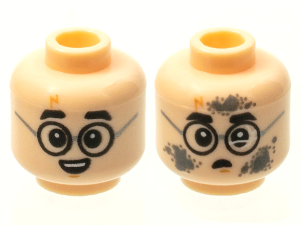 Minifigure, Head Dual Sided Child Black Eyebrows, Round Glasses, Medium Nougat Lightning Bolt Scar and Chin Dimple, Open Mouth Smile with Top Teeth / Broken Lens and Dark Bluish Gray Dirt Stains Pattern