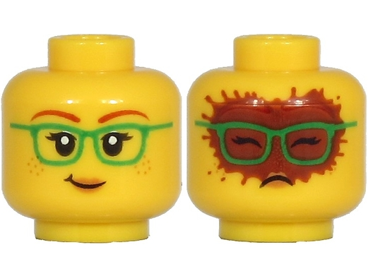 Minifigure, Head Dual Sided Female, Dark Red Eyebrows, Green Glasses, Peach Lips, Freckles, Lopsided Grin / Covered with Cocoa Pattern