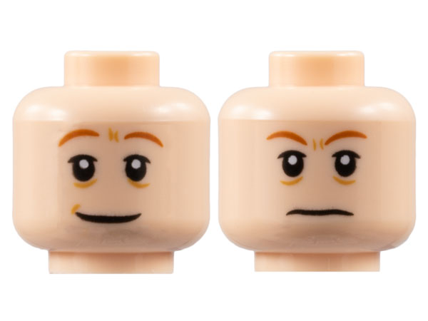 Minifigure, Head Dual Sided Dark Orange Eyebrows, Medium Nougat Wrinkles, Wide Grin with Dimple / Frown Pattern