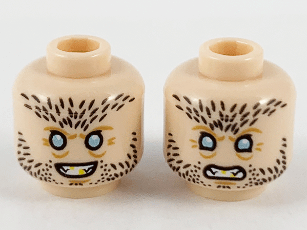 Minifigure, Head Dual Sided Black Stubble on Forehead and Beard, Metallic Light Blue Eyes, Fangs, Smile / Scowl Pattern
