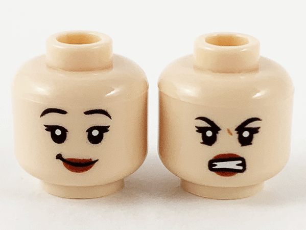 Minifigure, Head Dual Sided Female, Black Eyebrows, Dark Red Lips, Smile, Scowl with Teeth Pattern