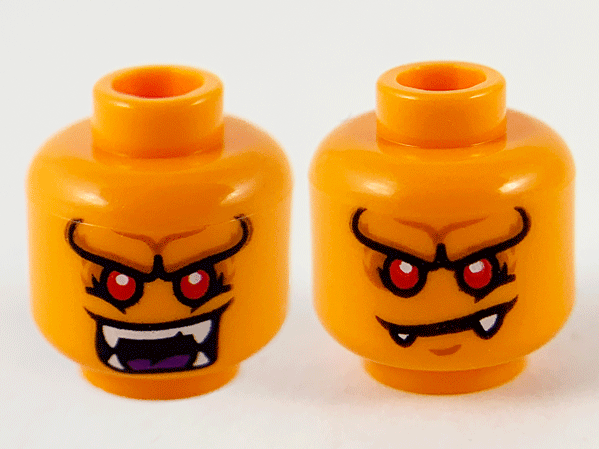 Minifigure, Head Dual Sided Alien, Pronounced Brow, Red Eyes, White Fangs, Wide Open Mouth / Lopsided Frown Pattern